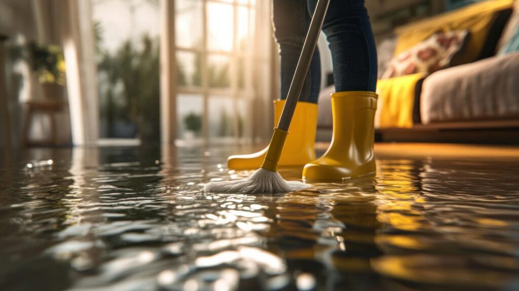 Person in yellow boots mopping a flooded living room floor with water reflecting sunlight.