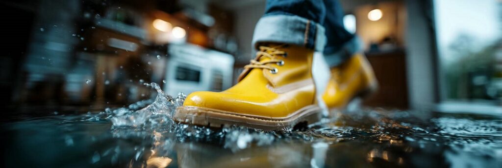 Yellow boots splashing through a puddle indoors.