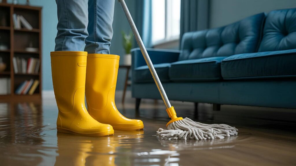 Person wearing yellow rain boots mopping a flooded living room floor.