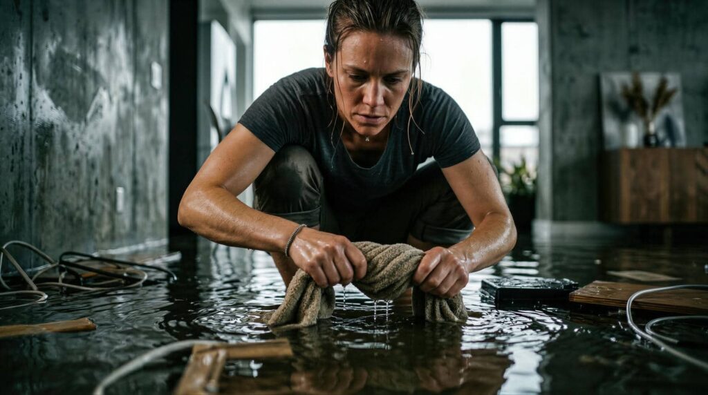 Woman wringing a wet towel in a flooded room with water covering the floor.