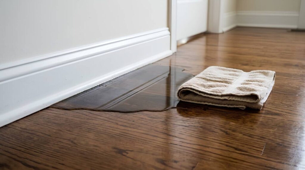 Towel soaking up water on a hardwood floor near a wall.