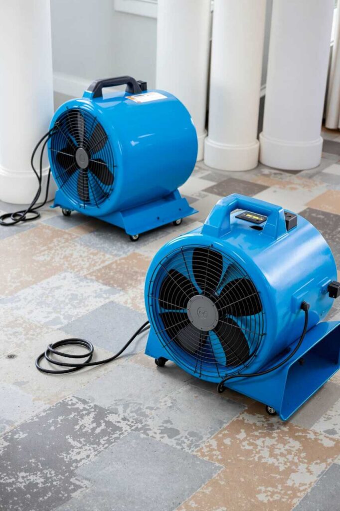 Two blue industrial floor fans with black blades on a tiled floor near white columns.