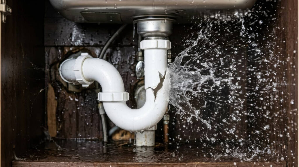 Broken sink drain pipe spraying water under a cabinet.