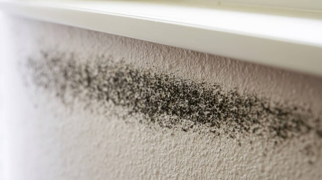Black mold growing along a wall near the ceiling.