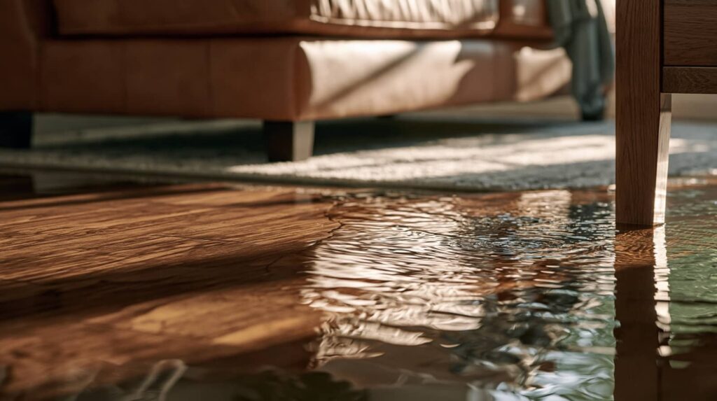 Floodwater pooling on a wooden floor in a living room.