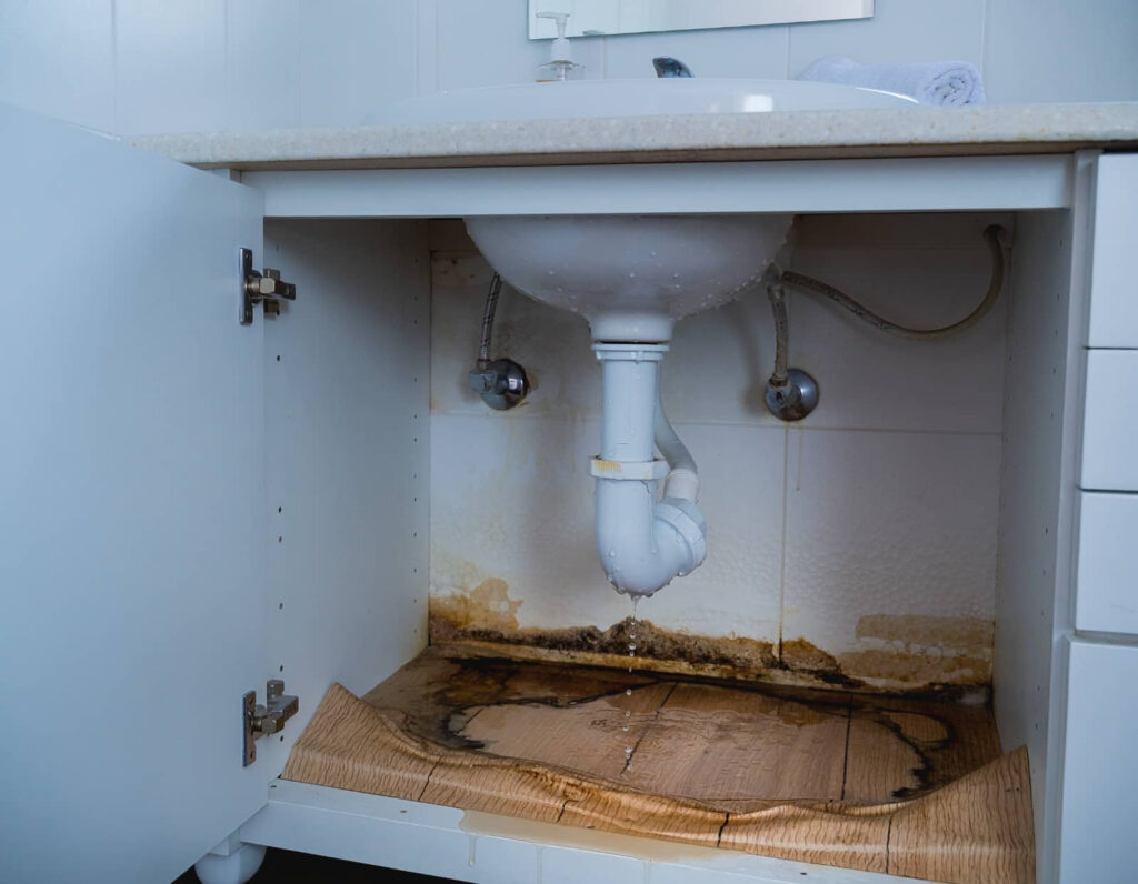 Leaking bathroom sink drain under cabinet with water damage.