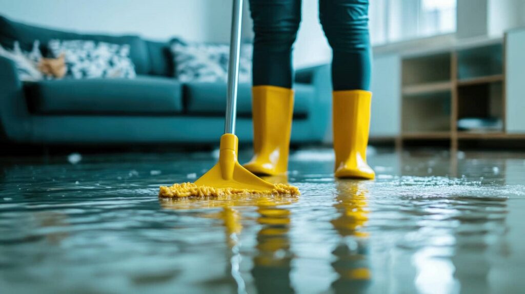 Person in yellow boots mopping a flooded floor inside a living room.