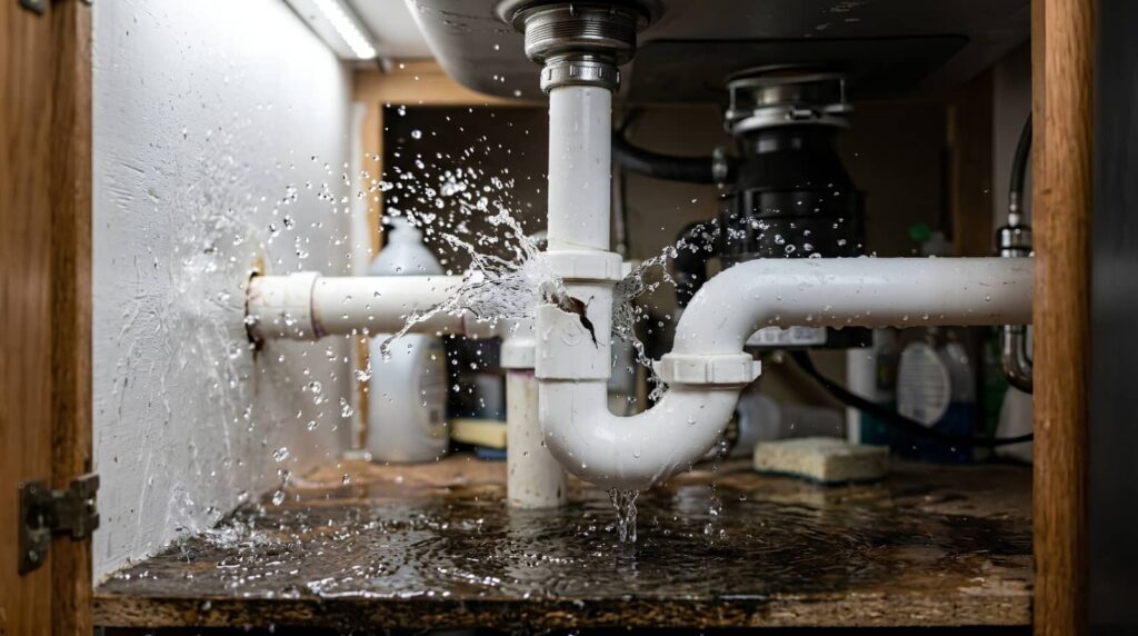 Burst pipe spraying water under a sink cabinet.