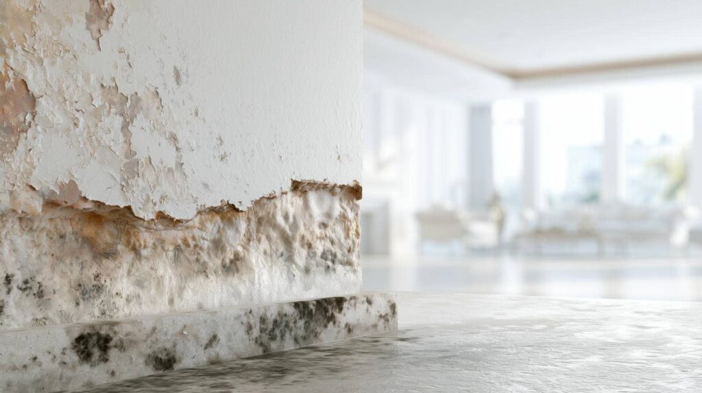 Wall with peeling paint and mold damage near the floor in a bright, blurred room.