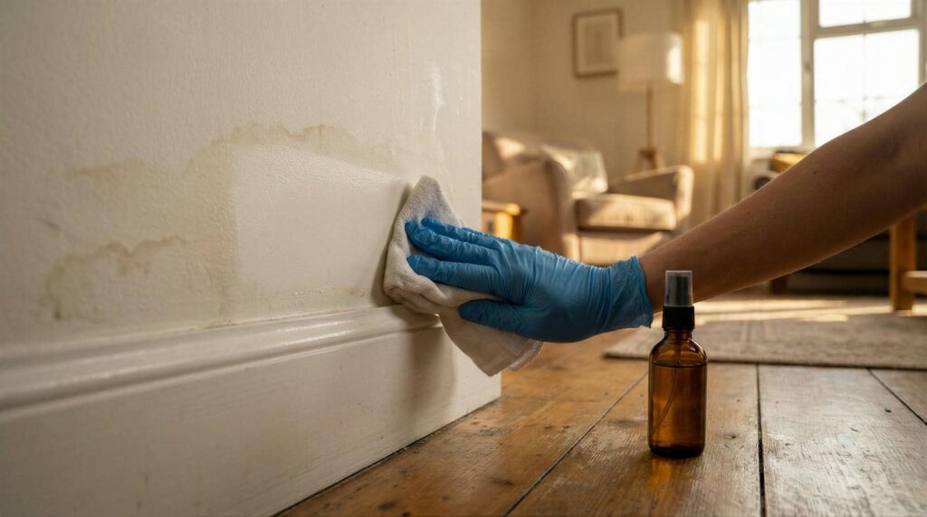 Hand in blue glove cleaning water-stained wall with cloth and spray bottle on wooden floor.