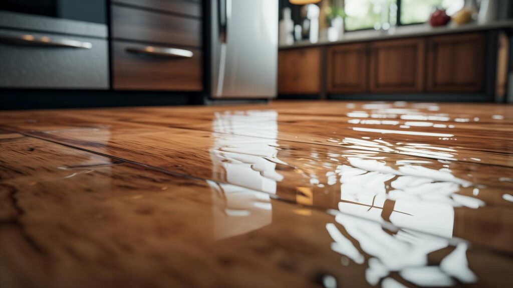 Water pooled on a wooden kitchen floor reflecting light from a window.