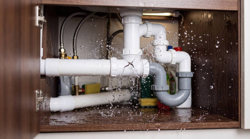 Burst under-sink pipe spraying water inside a cabinet.