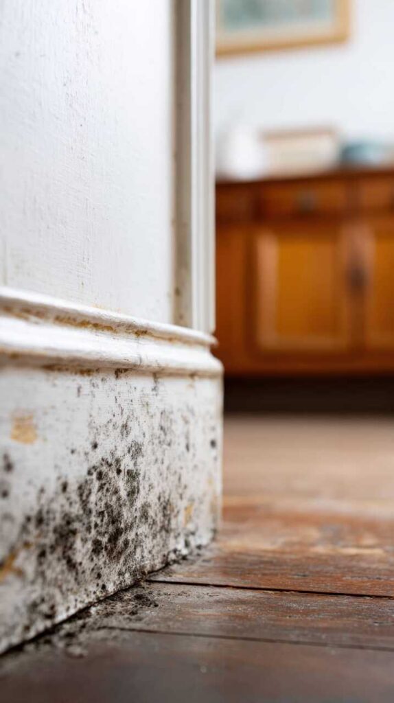 Mold growing along a baseboard on a wooden floor.