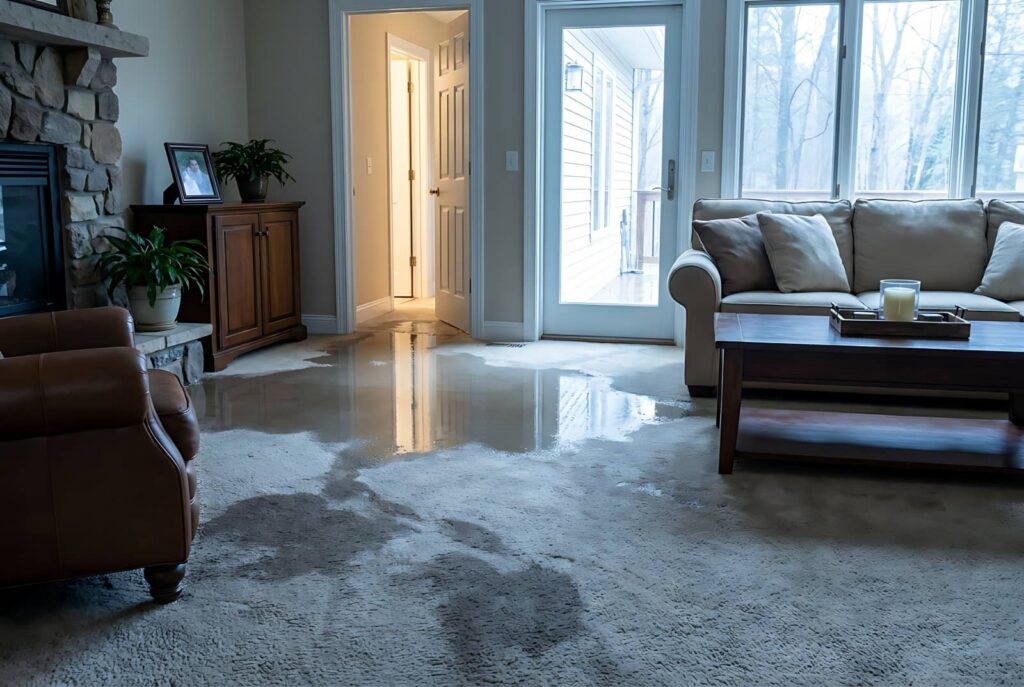 Living room carpet flooded with standing water.