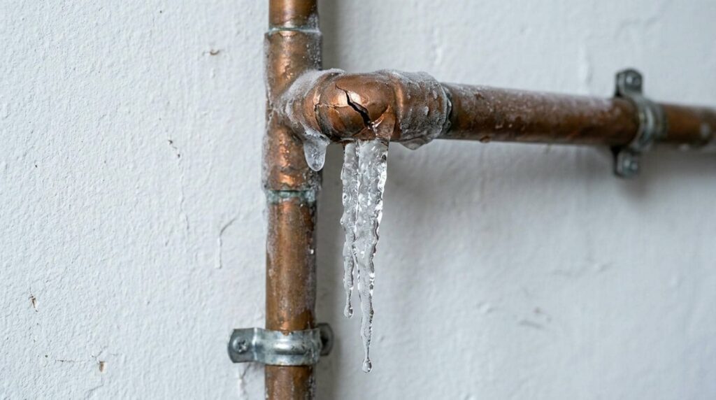 Frozen cracked copper pipe with icicles hanging from the leak.
