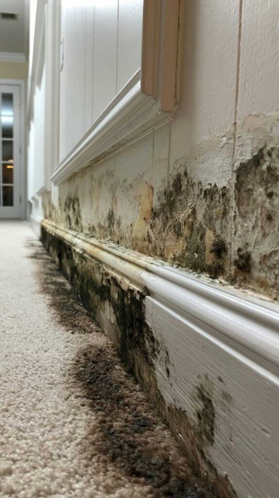 Mold and water damage along the baseboard and lower wall in a hallway with carpet.