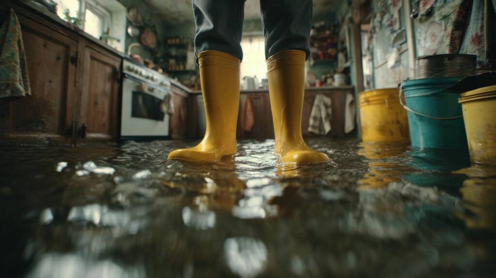 Person wearing yellow rain boots standing in a flooded kitchen with water covering the floor.
