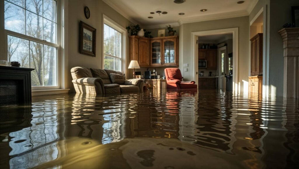 Living room flooded with water nearly reaching the furniture cushions.