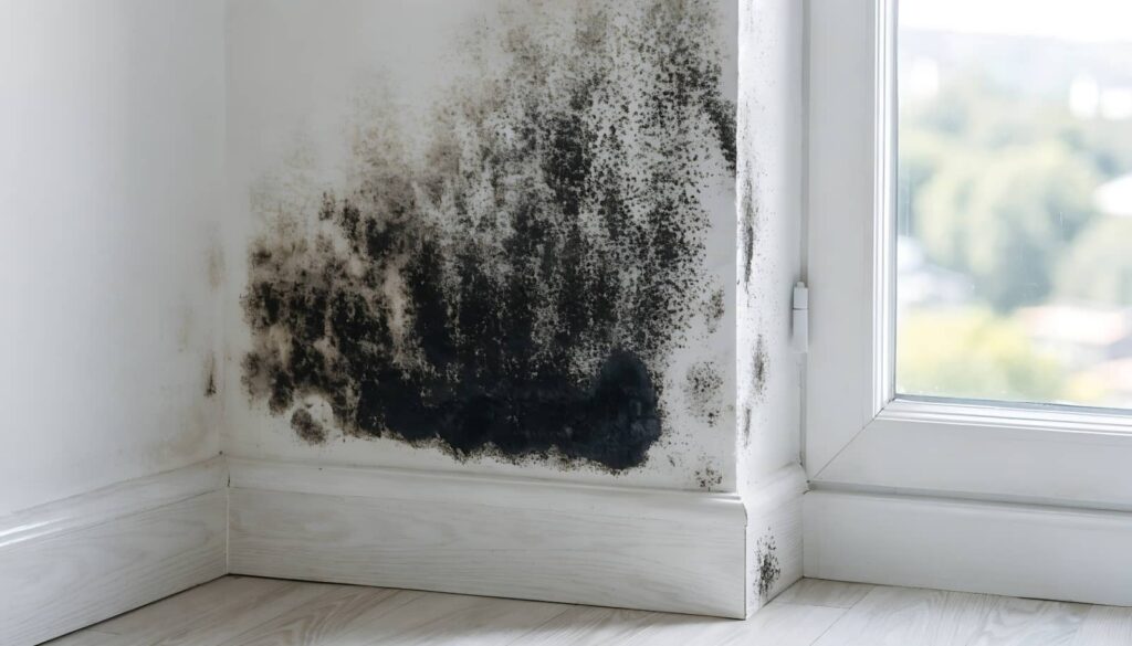 Black mold spreading on a white wall beside a window.
