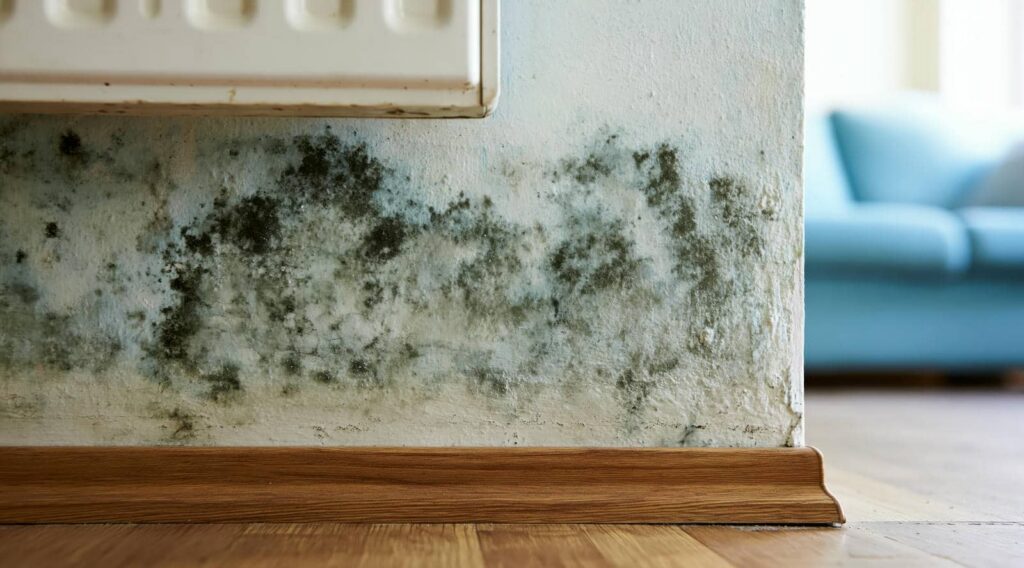 Black mold growing on the lower part of an indoor wall near a wooden baseboard.