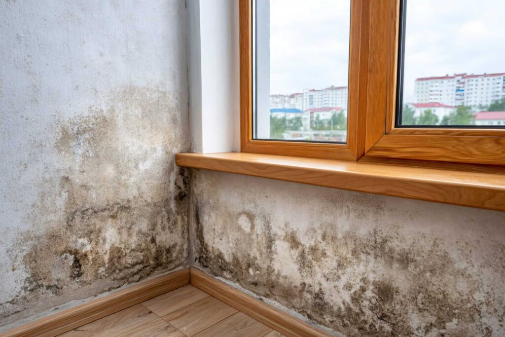 Mold and mildew growth on interior walls near a wooden window frame and floor.