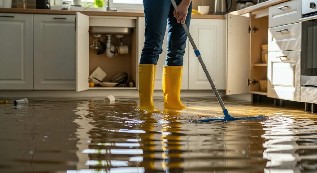 Person in yellow boots mopping a flooded kitchen floor with open cabinet doors.