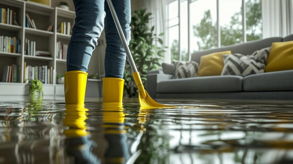 Person wearing yellow boots using a mop to clean water flooding a living room.