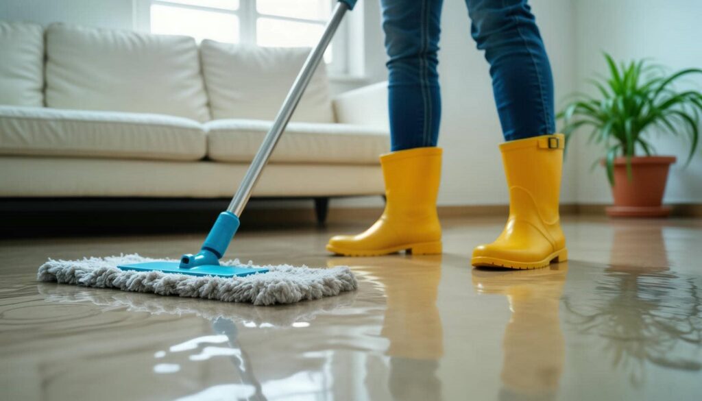 Person wearing yellow boots mopping a flooded floor in a living room.