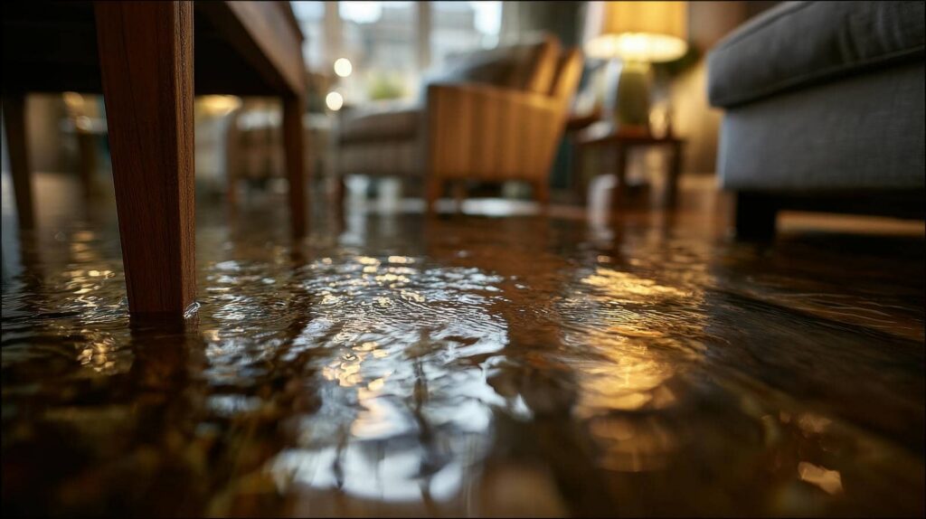 Water flooding the floor of a living room with furniture legs partially submerged.