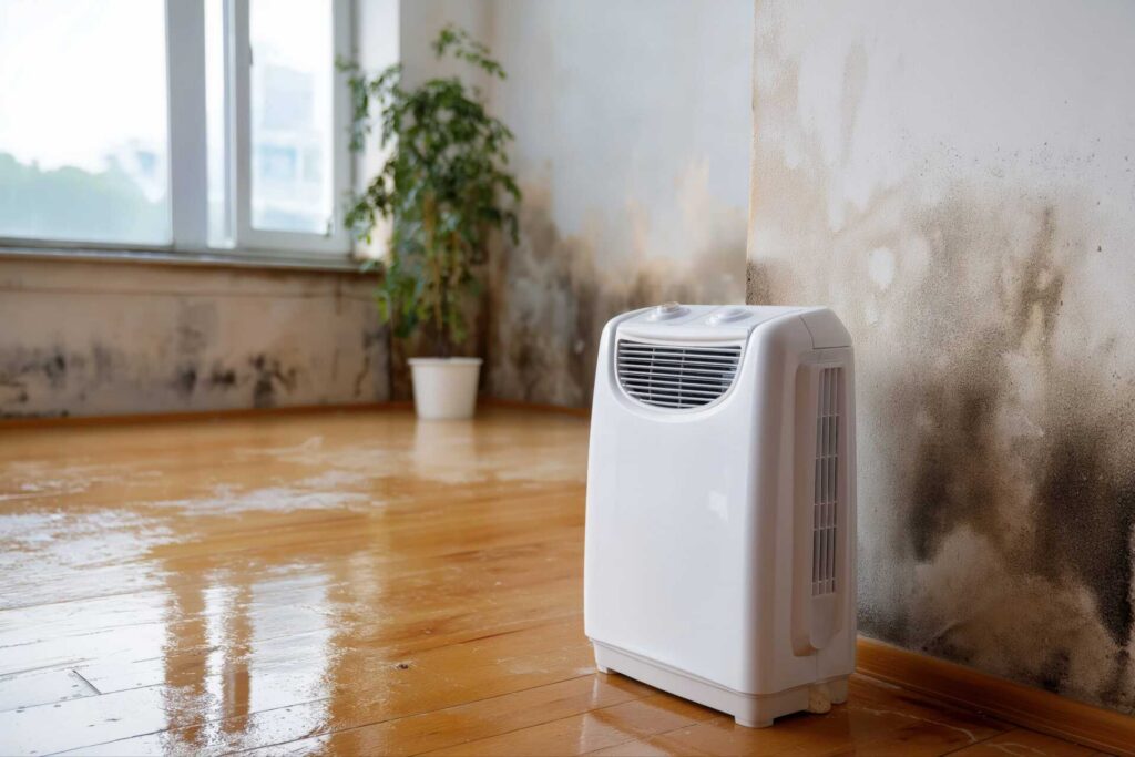 White dehumidifier on wooden floor near moldy walls and a potted plant by a window.