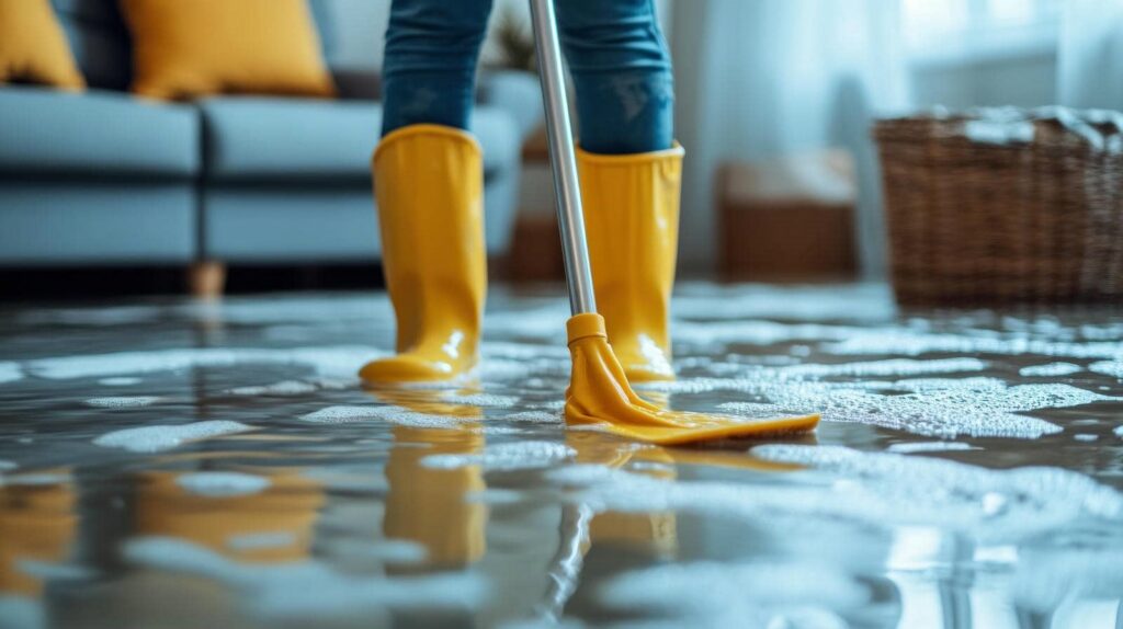 Person in yellow boots mopping a flooded living room floor with soapy water.