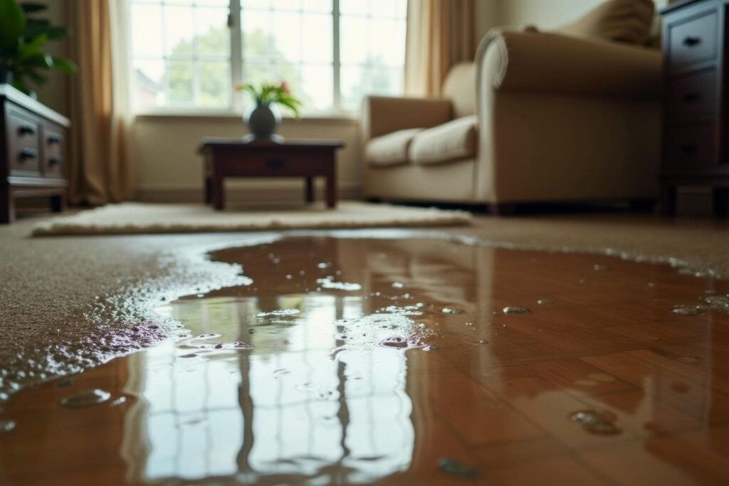Water spilled on a wooden floor near a carpet in a living room with a sofa and coffee table.