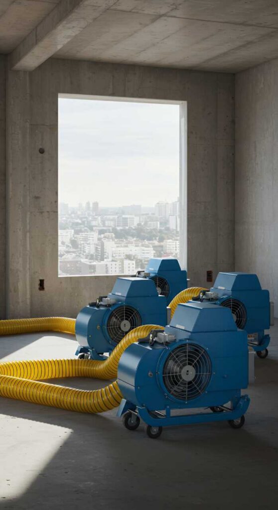 Three blue industrial fans with yellow flexible ducts in an unfinished concrete room with a large window.