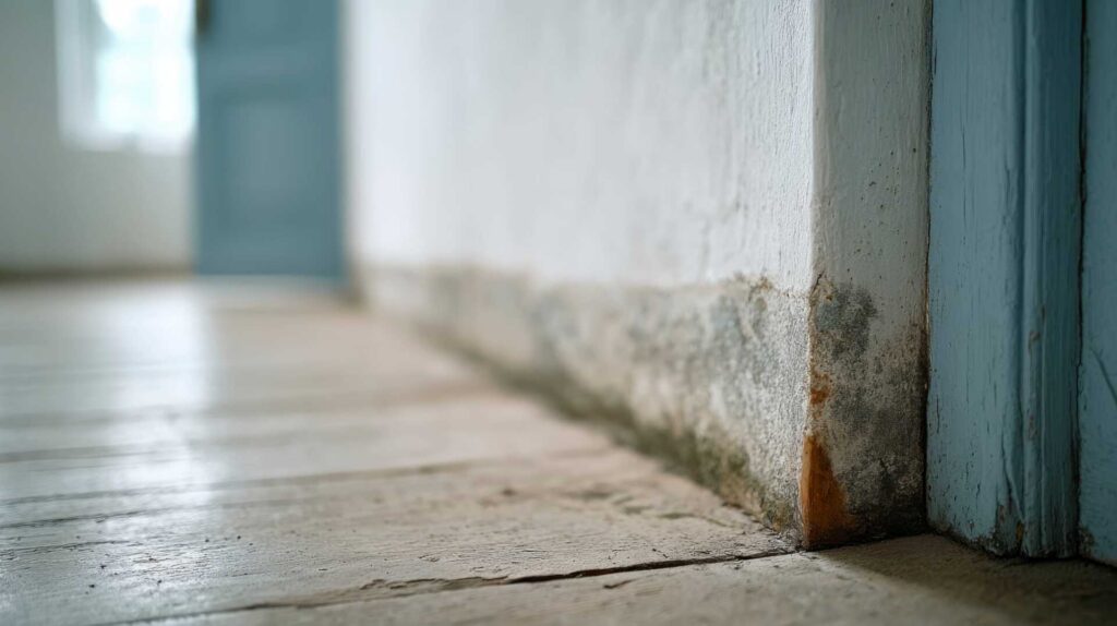 Corner of a room with mold and rust stains on the lower wall and door frame.