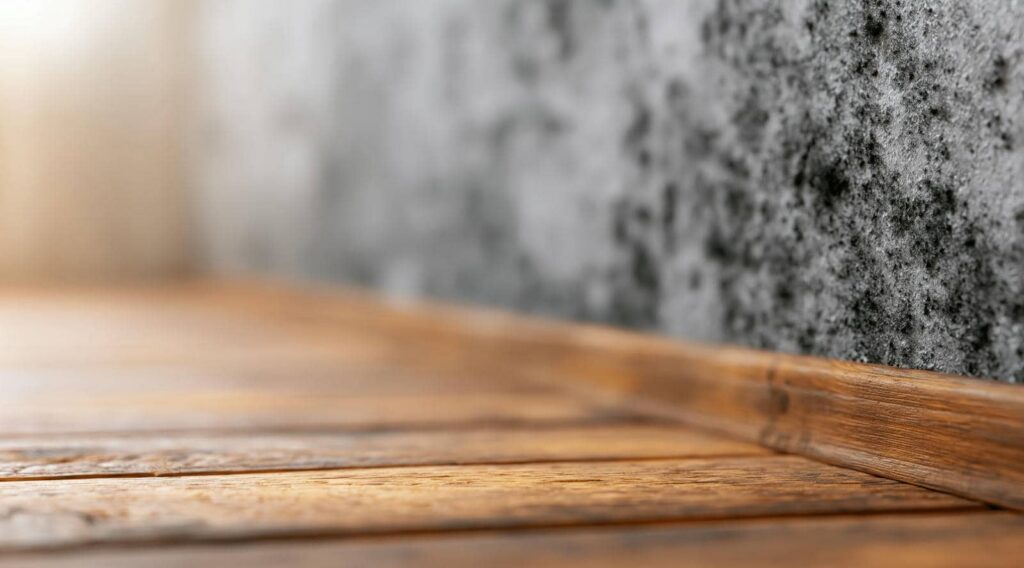 Close-up of mold growth on a wall above a wooden floor.