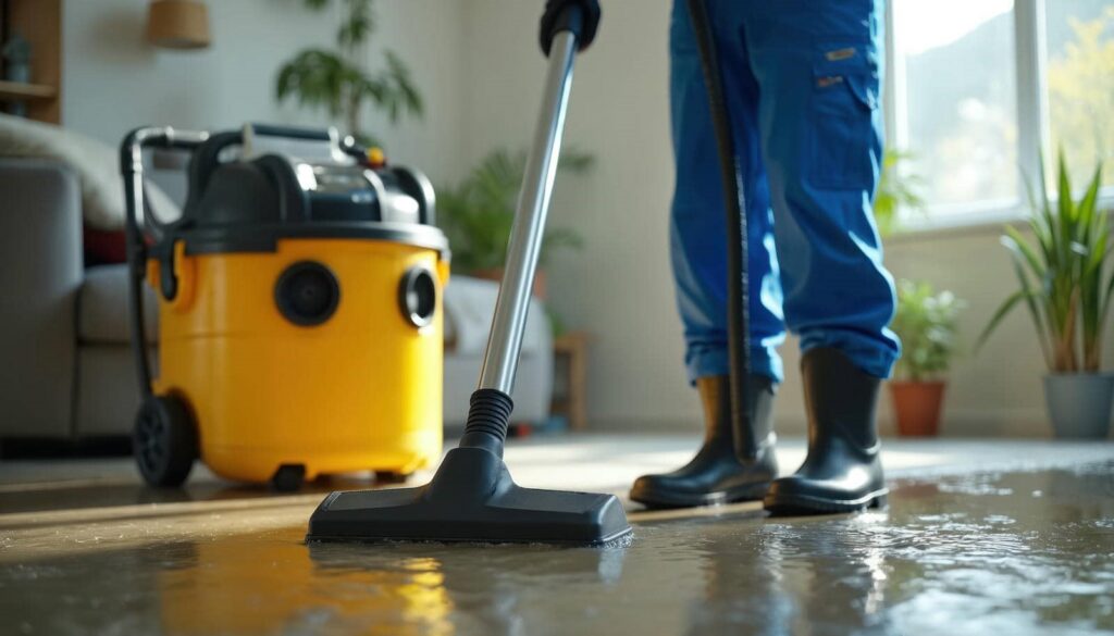 Person using a wet vacuum to clean water off a floor indoors.