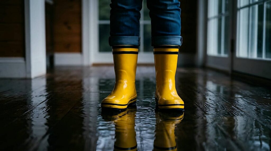 Person wearing yellow rain boots standing on a wet wooden floor indoors.