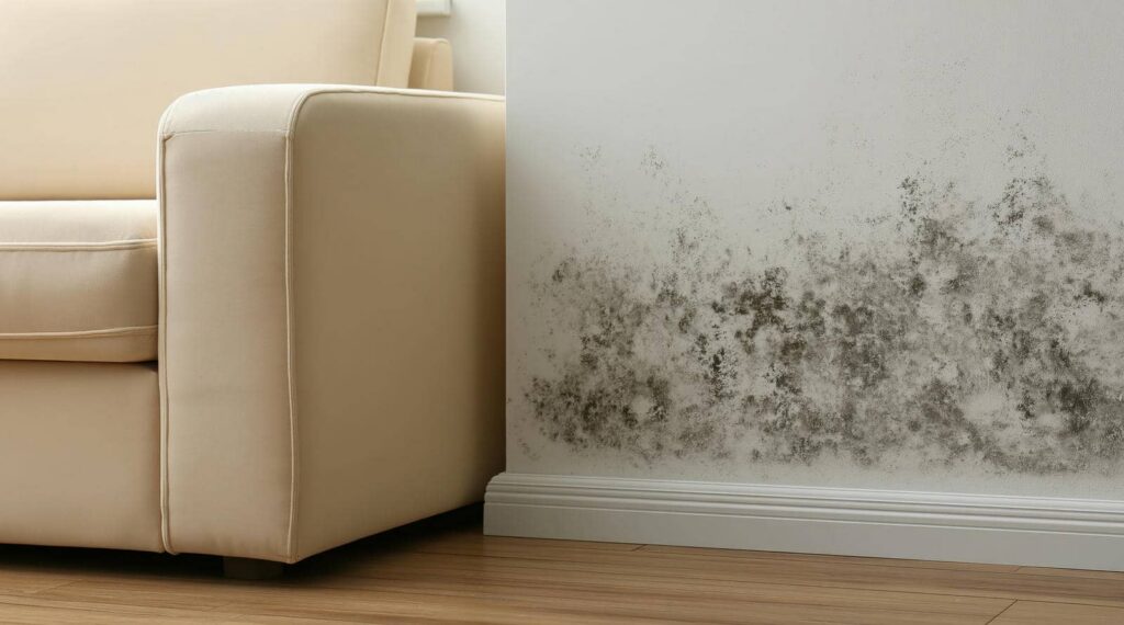 Black mold growing on a white wall near the baseboard beside a beige sofa.