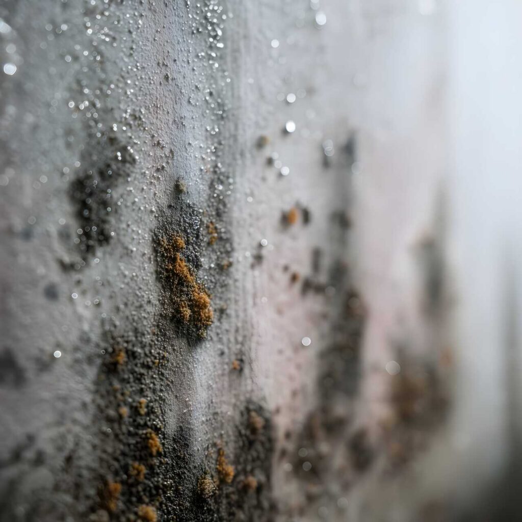 Close-up of mold and moisture droplets on a wall surface.