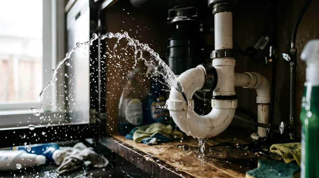 Burst plumbing pipe spraying water under a sink.