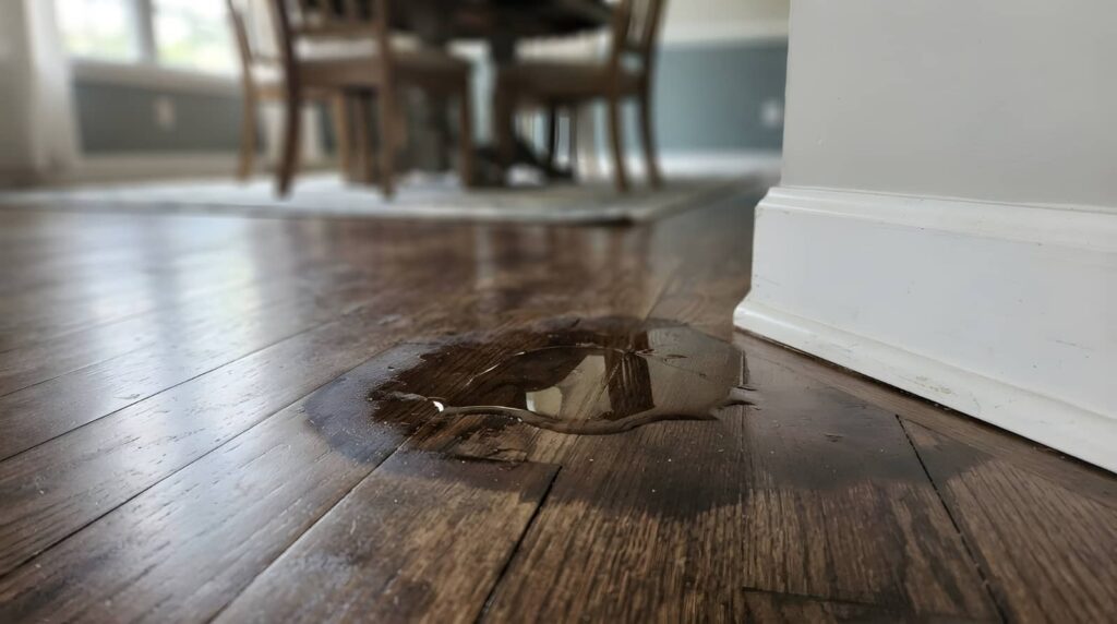 Water puddle on a hardwood floor near a wall.