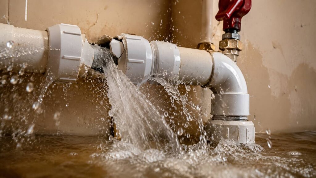 Burst PVC pipe spraying water indoors