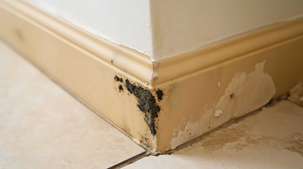 Black mold and water damage on a beige baseboard corner near tiled floor.