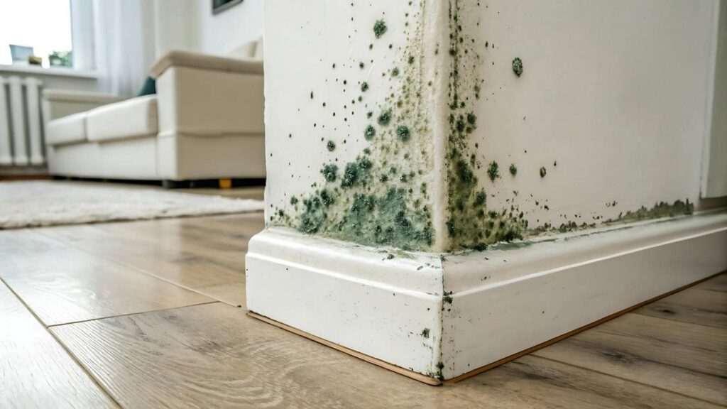 Green mold growing on the corner of a white wall near the floor in a living room.