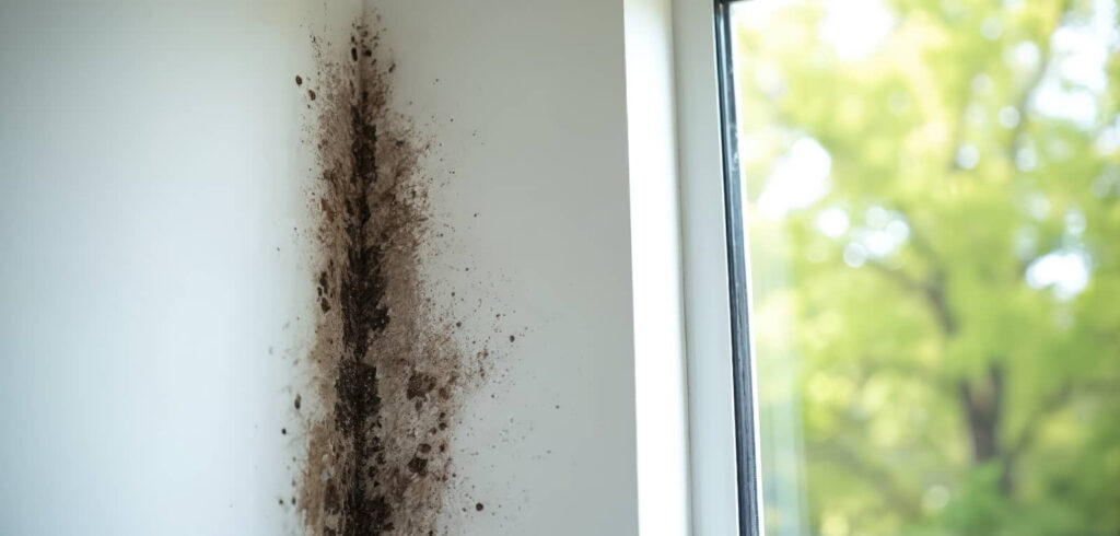 Mud splatter on a white wall beside a window.