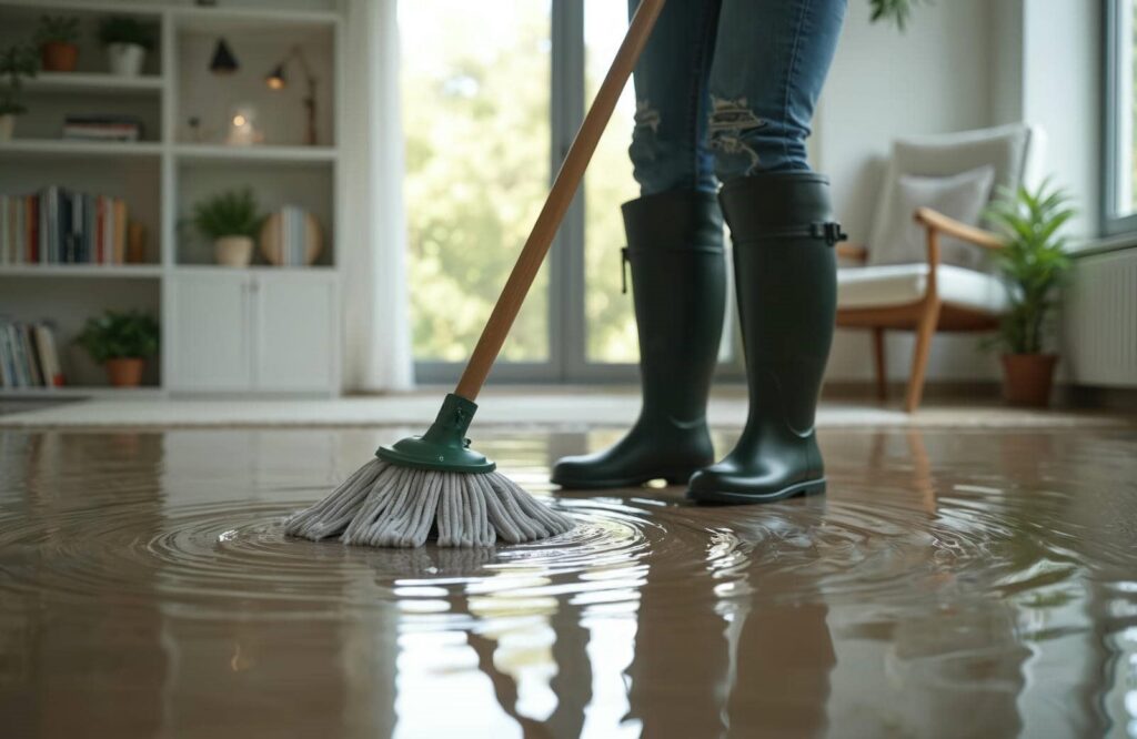 Person wearing black rain boots mopping a flooded floor inside a living room.
