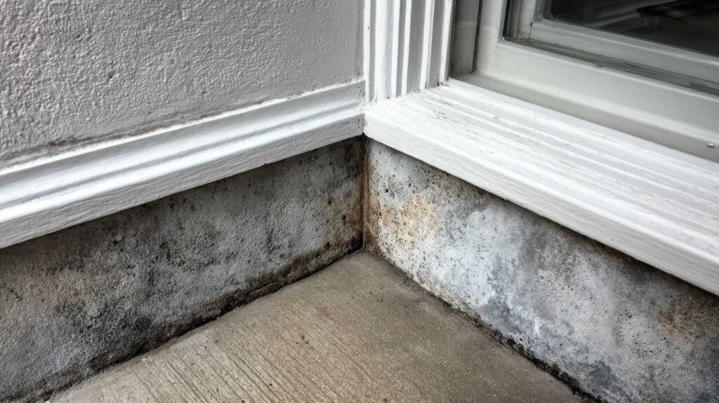 Corner of a wall and window frame with visible mold and mildew on the lower surfaces.