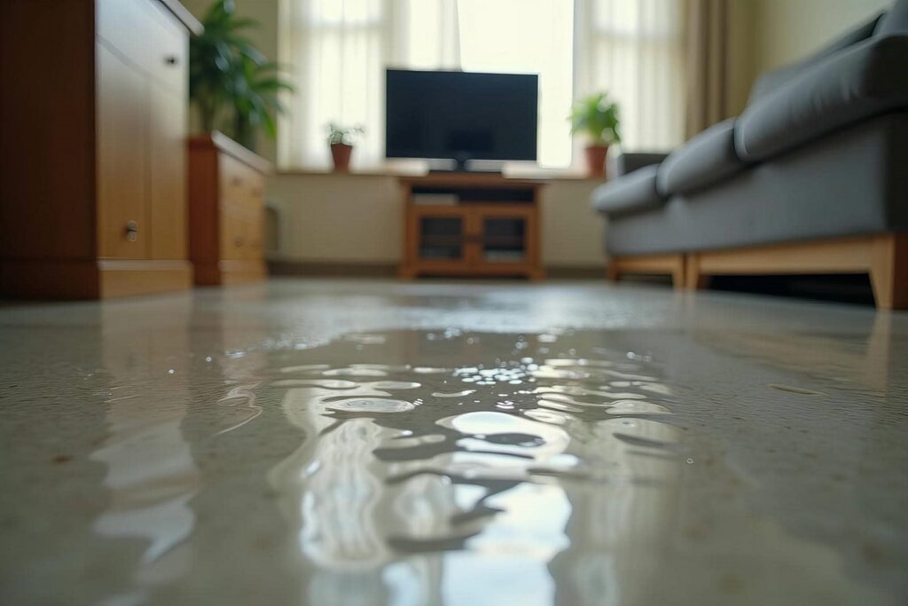 Water pooled on a living room floor with a TV, plants, and sofa in the background.