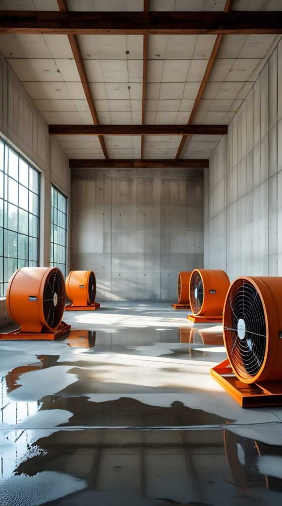 Five large orange industrial fans arranged in a spacious, empty room with wet concrete floor.