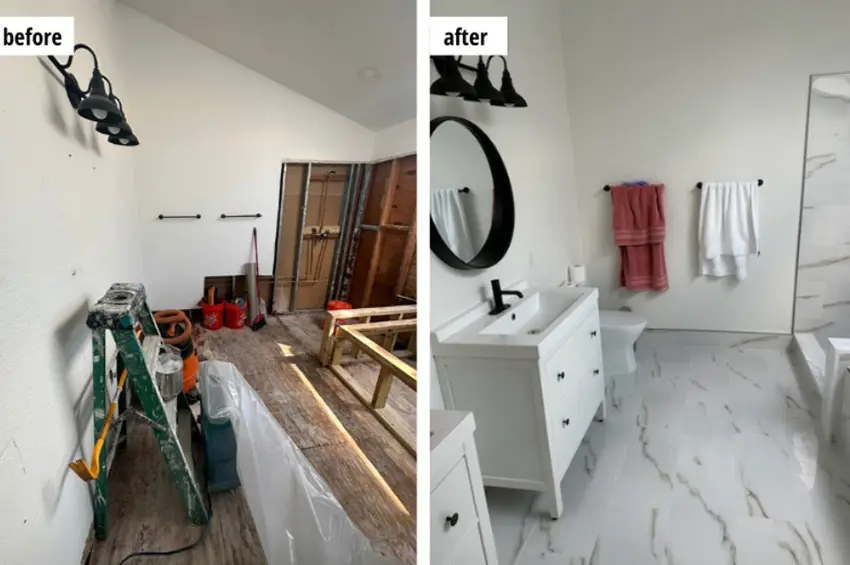 Bathroom renovation showing a construction phase with exposed framing and a finished bathroom with white fixtures and marble flooring.